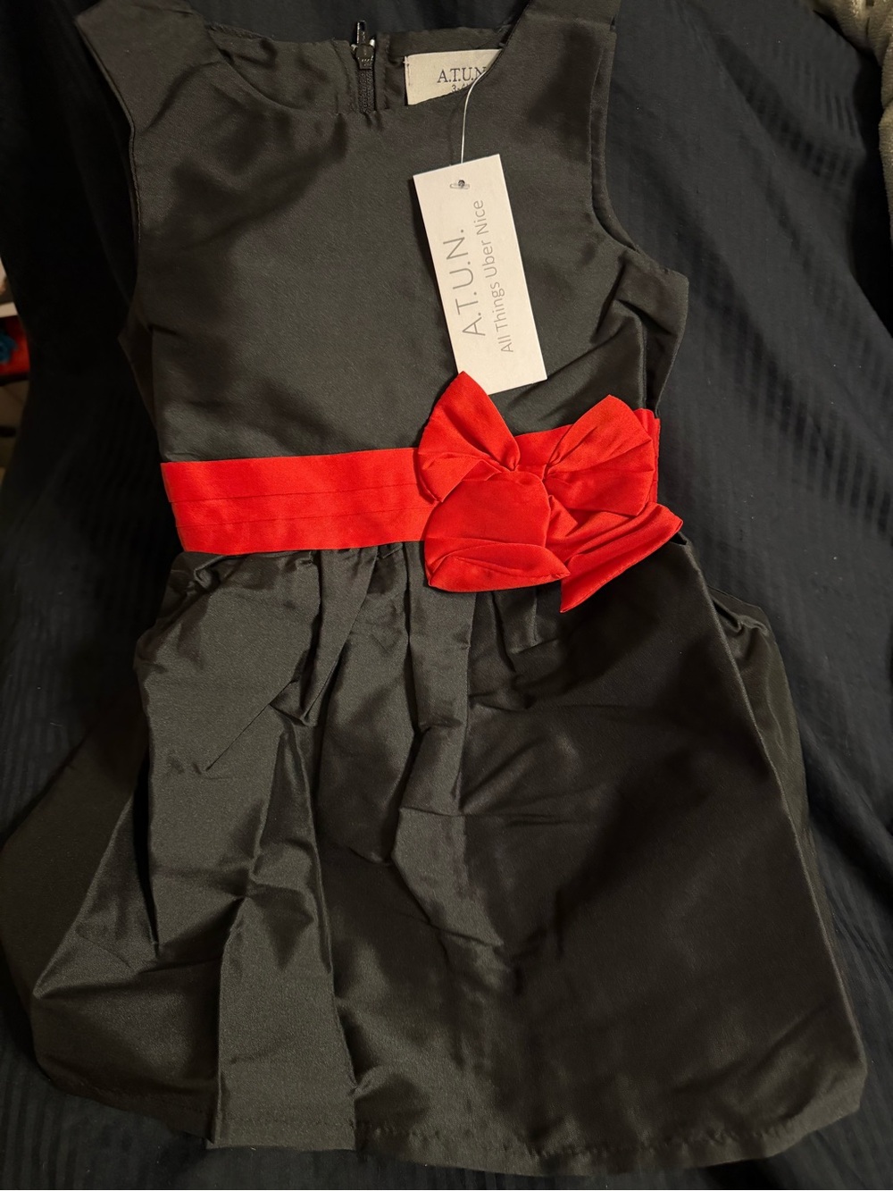 AT.UNI Black Formal Girls Dress with Red Sash and Bow